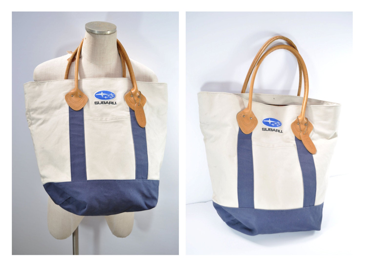 vintage LL BEAN bag shopping tote leather and canvas SUBARU