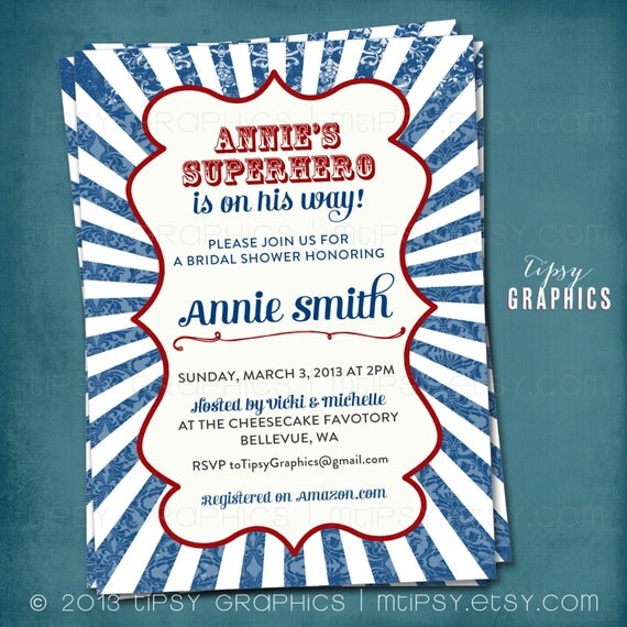 Superhero on the Way. Red White & Blue Distressed BBQ Party or Couples Baby / Wedding Shower / Company Picnic Invite. by Tipsy Graphics Il_570xn