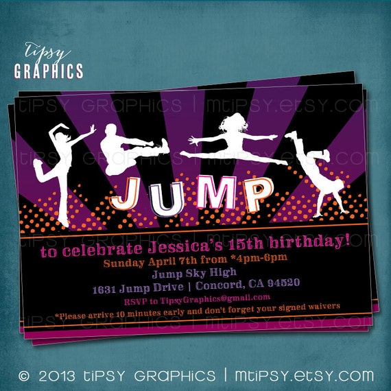 Teenagers JUMP Trampoline or Bounce House Birthday Party Invite by Tipsy Graphics Il_570xn