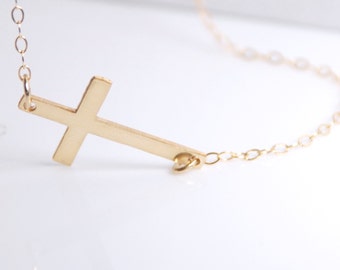 Sideways cross necklace, 14K gold filled sideways cross necklace, celebrity inspired necklace