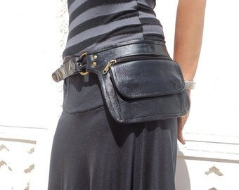 Leather Utility Belt, Leather Belt Bag, Hip Bag, Pouch Belt, Pocket Belt in Black- HB11N * Free Shipping*