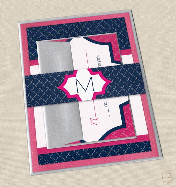 Navy and Pink Wedding Invitation SAMPLE - Layered Wedding Invite - Navy Blue and Hot Pink with Silver Envelopes - Modern Tiled Design