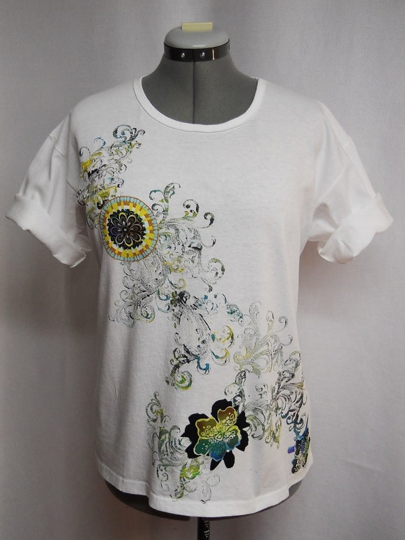 Items similar to Custom Tee-Shirt A Mix of Floral Fabric Appliques and ...