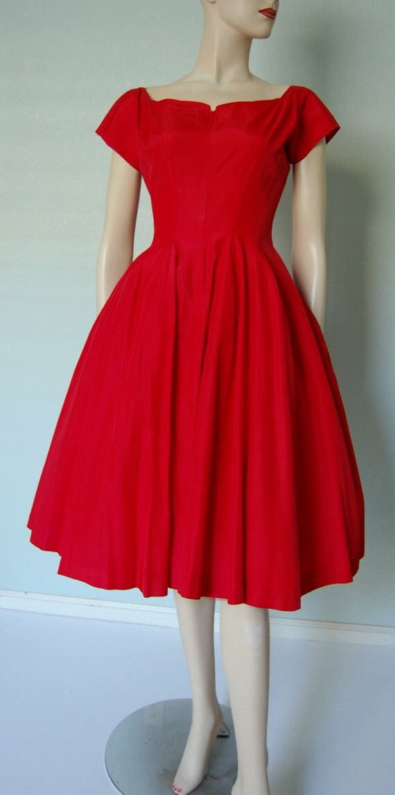 1950s Apple Red Taffeta Party Dress with by KittyGirlVintage
