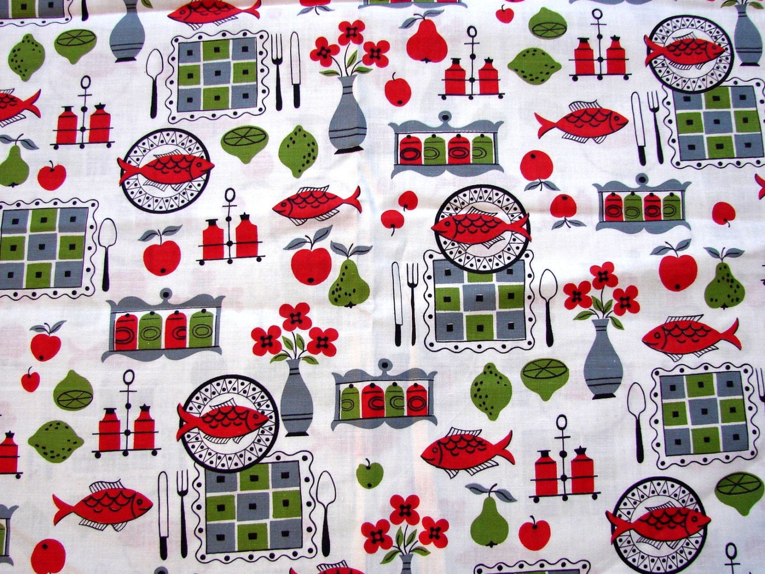 Vintage Cotton 1950s Fabric Novelty Kitchen Fabric