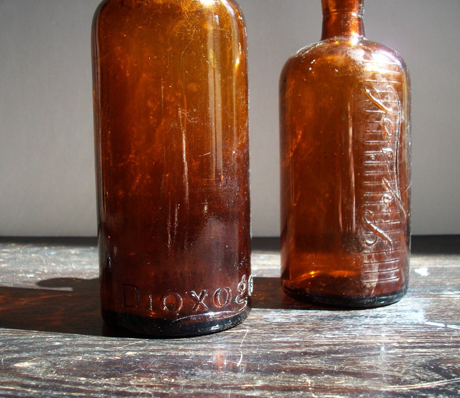 2 Vintage Brown Glass Bottles / Lysol and Dioxygen