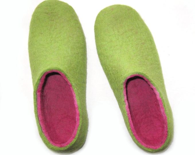 Pink and Green Wool Slippers - Felted Shoes - Minimalist Shoes - House Shoes - Mix and Match - Rubber Soles - Womens Shoes