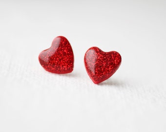 Red Glitter Hearts Stud Earrings, post earrings - BUY 2 GET 1 FREE