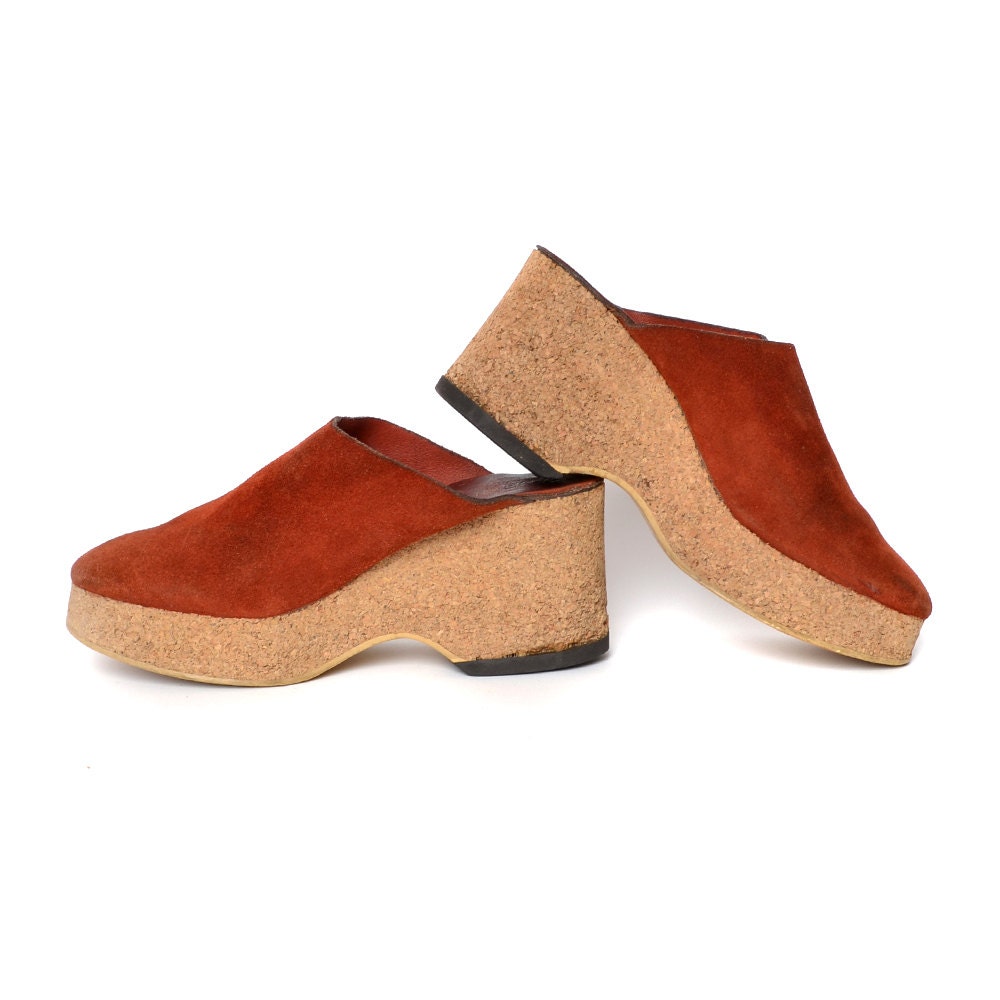 70s Clogs Rust Suede Platform Cork Wedge Shoes Slip Ons