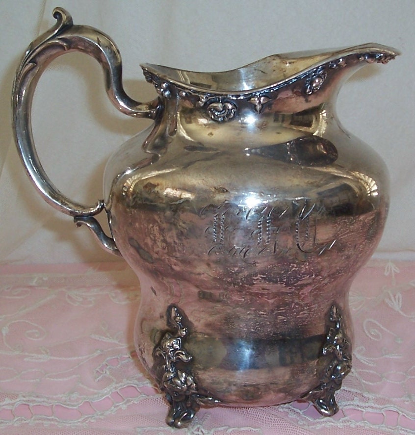 ANTIQUE Ornate Silver Plate Monogrammed Water Serving Pitcher