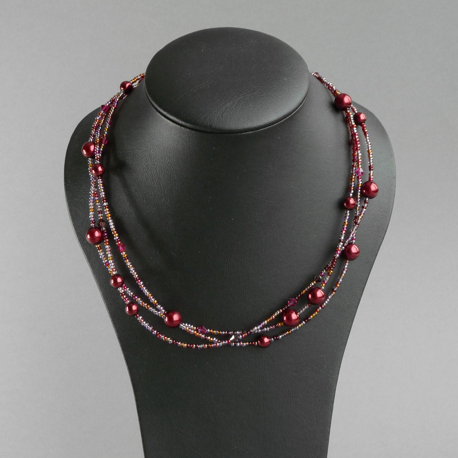 Deep Red Necklace Plum and Burgundy Multi Strand Necklace