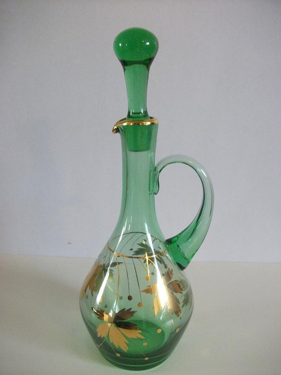 Vintage Green Glass Decanter Gold Leaf Decanter
