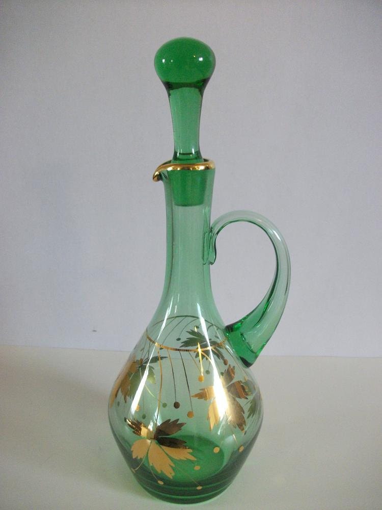 Vintage Green Glass Decanter Gold Leaf Decanter