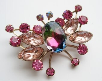 Vintage 60s Gold Cathe Heliotrope Watermelon Pink Rhinestone Butterfly Brooch Pin