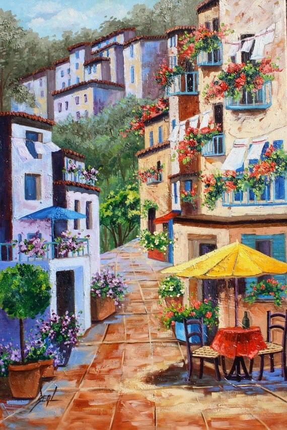 Tuscan Oil Painting Original Cafe Umbrella Flowers