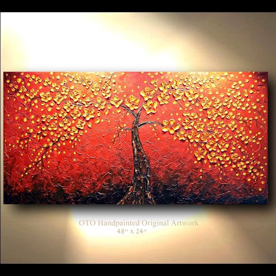 ORIGINAL Abstract Tree Painting Flower Red Orange Yellow