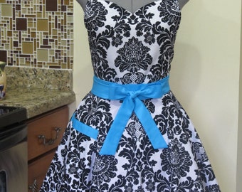 Sweetheart Full of Flounce Apron- Womens Apron in Black and White Damask with a hint of Aqua