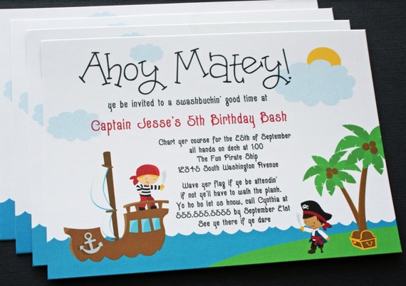 PRINTED Boy's Pirate Birthday Party Invitations - Digital Version Available Il_570xn