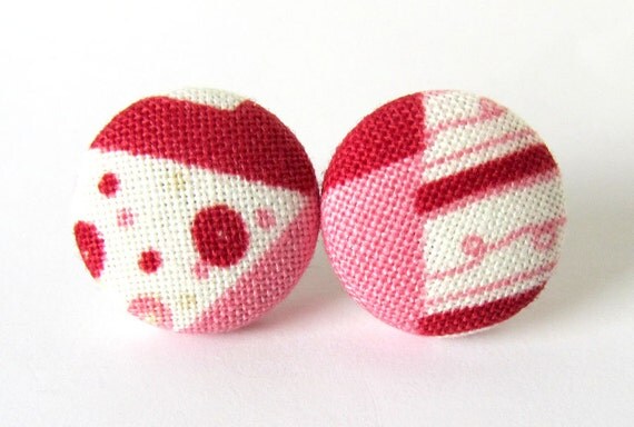Funky stud earrings  Valentine's day  pink red by KooKooCraft