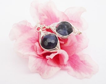 Sodalite Wire Wrapped Earrings, Sterling Silver Earrings, Navy blue Earrings, Gemstone, Handmade Jewelry, UK Seller