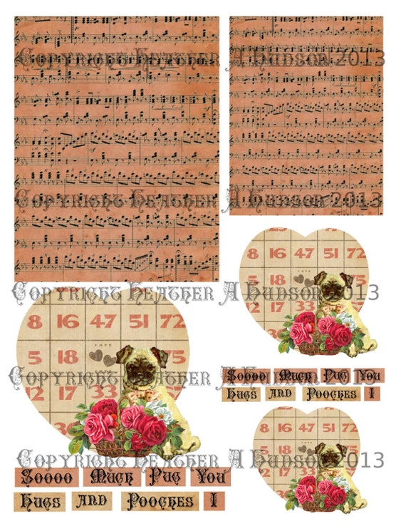 Shabby Vintage Victorian Pug and Pooches Valentine's Day Valentine Card  Digital Collage sheet