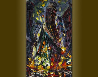 Cityscape Painting Original Oil on Canvas Textured Palette Knife Contemporary Abstract Modern Art 15X30 by Willson Lau