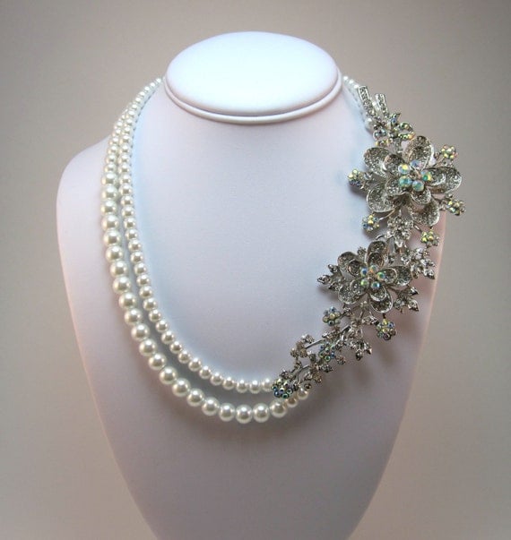 Bridal Statement Necklace, Rhinestone Pearl Necklace, Wedding Necklace, Bridal Necklace, Swarovski Crystal Necklace