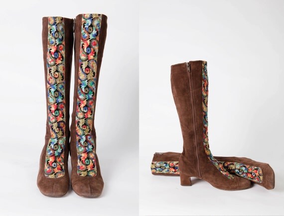 1970s Brown Suede Hippy Boots Multicolor Embroidered Stripe Down Front ...