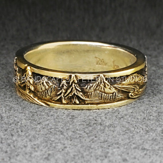 14k Gold PEAKS PINES and RIVERS A Wedding Band in Yellow
