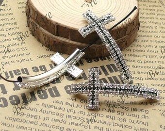 2pcs of 24x46mm silver tone Sideways Cross white and black Rhinestone Connector,Cross Bracelet Connector,bangle findings