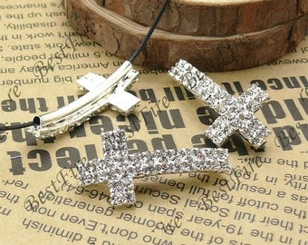 2pcs of 18x36mm Silver tone Sideways Cross white Rhinestone Connector,Cross Bracelet Connector,bangle findings