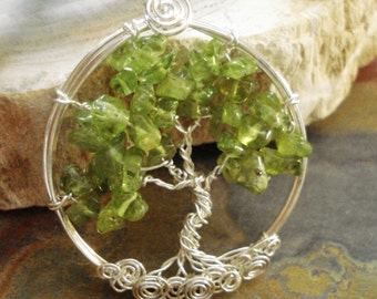 Peridot Tree of Life Pendant with Sterling Silver Chain -Wire Wrapped Peridot Gemstone Necklace- August Birthstone