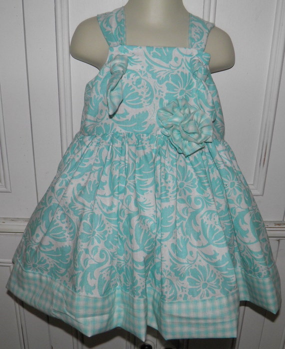 Items similar to Turquoise Blue White Damask Girls Boutique Dress with ...