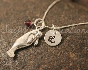 Hand Stamped Sterling Silver Manatee Charm Necklace
