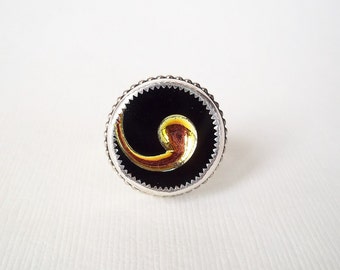 Black and Gold Swirl Ring in Sterling Silver. Recycled Vintage Button Jewelry