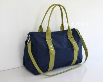 Stock SALE - Duffel Bag / Diaper Bag in Navy blue & Pear Green Water-resistant Nylon / Gym / Tote / Messenger / Shoulder bag