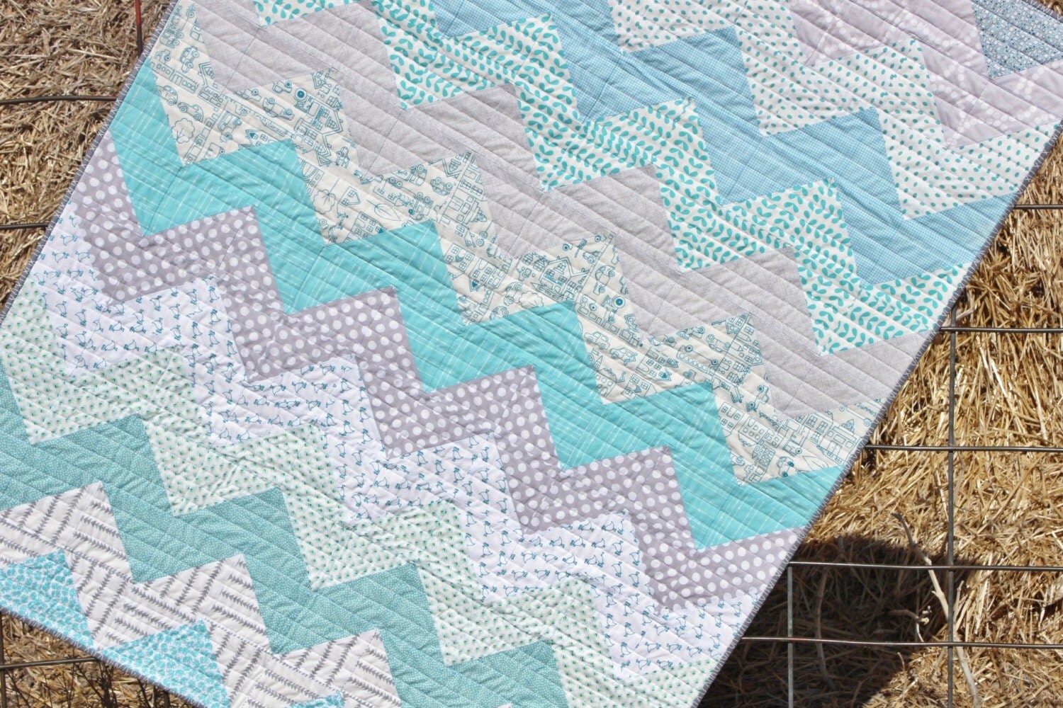 Modern Turquoise & Gray Chevron Quilt