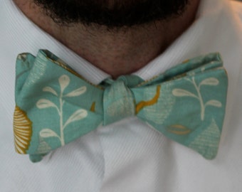 Men's Bow Tie in Teal and Gold Floral - self tying - freestyle bow tie