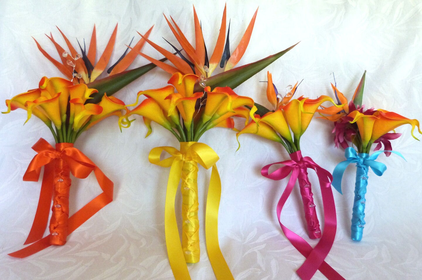 Tropical Wedding Bouquet Matching Boutonnieres Orange Fuchsia 4766