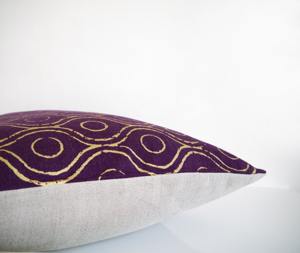 Purple throw pillow metallic gold print on purple denim