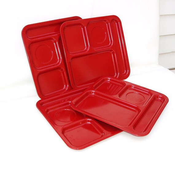 Vintage Cafeteria Trays Set of 4 Divided Plates Red Plastic