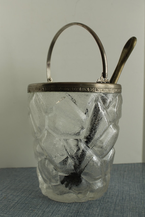 Vintage Molded Ice Cube Glass Bucket w/Metal decorative trim