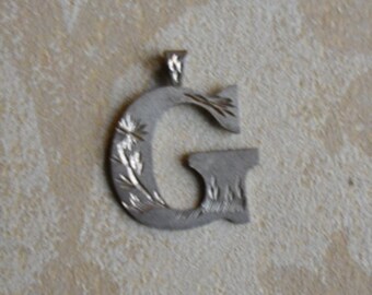 Vintage Silver Tone Etched G Pendant - Letter G Pendant or Charm