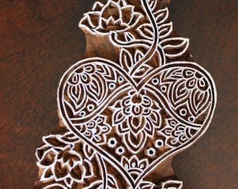 Hand Carved Indian Wood Textile Stamp Block- Heart and Flowers (Reduced)