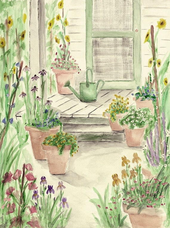 Print of Original Watercolor Painting Garden Porch landscape