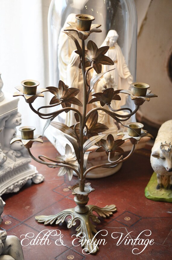 Antique French Altar Candelabra Floral Church Candle Holder