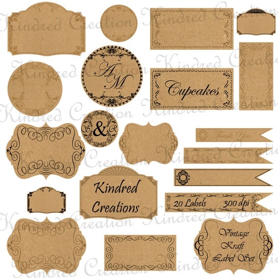 vintage kraft paper labels monogram tags circle frame etsy