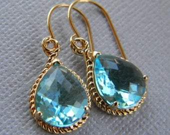 Aquamarine and Gold Dangle Earrings- Bridesmaid Earrings -Wedding Earrings-Gift For Her