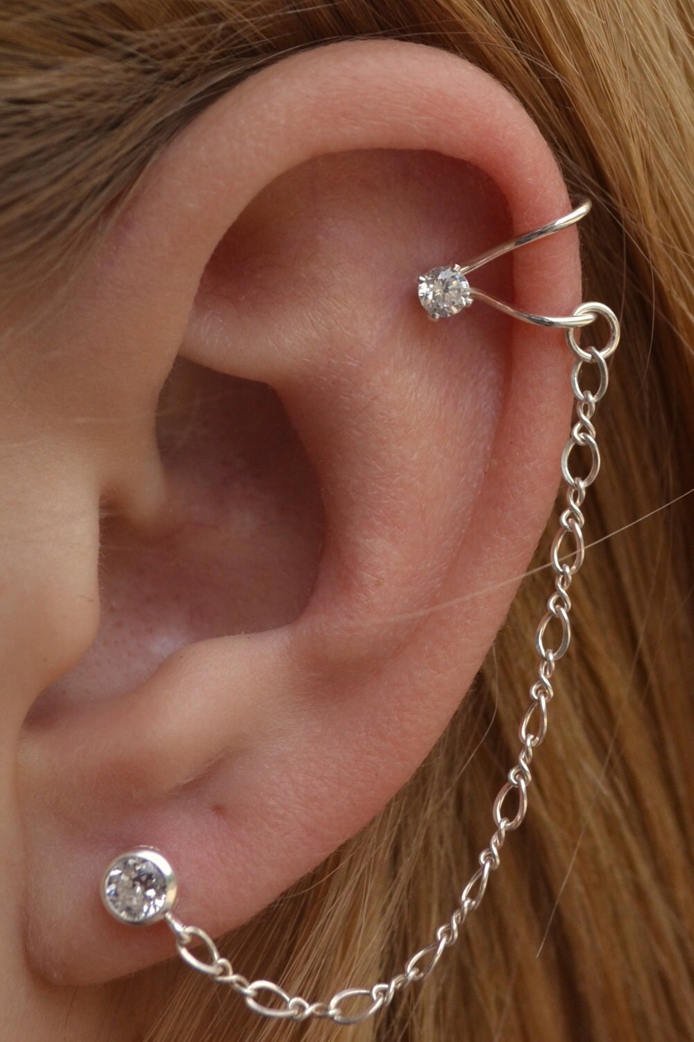 Gold Filled Cz Cartilage Wrap Ear Cuff With A Chain To Ball