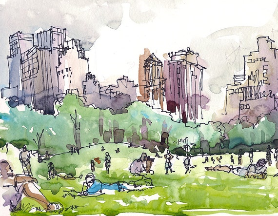 New York Central Park watercolor sketch Sheep Meadow a